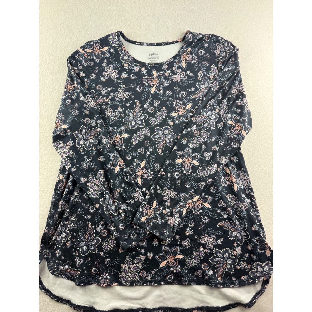 J. Jill Fit Performance Long Sleeve Tee Navy Floral Paisley Activewear Top Large
